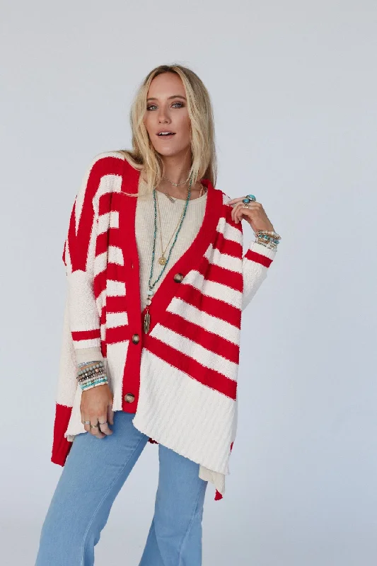 Great Stripes Cardigan - Red Handmade Hand-knitted Hand-woven