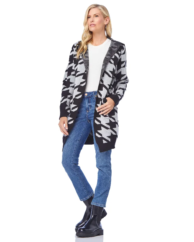 Houndstooth Hooded Cardigan Patchwork Embroidered Appliqued