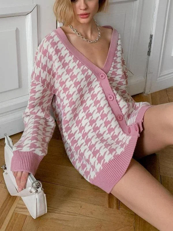 Houndstooth Knitted Women Cardigan Sweater Front Pockets Side Pockets Patch Pockets