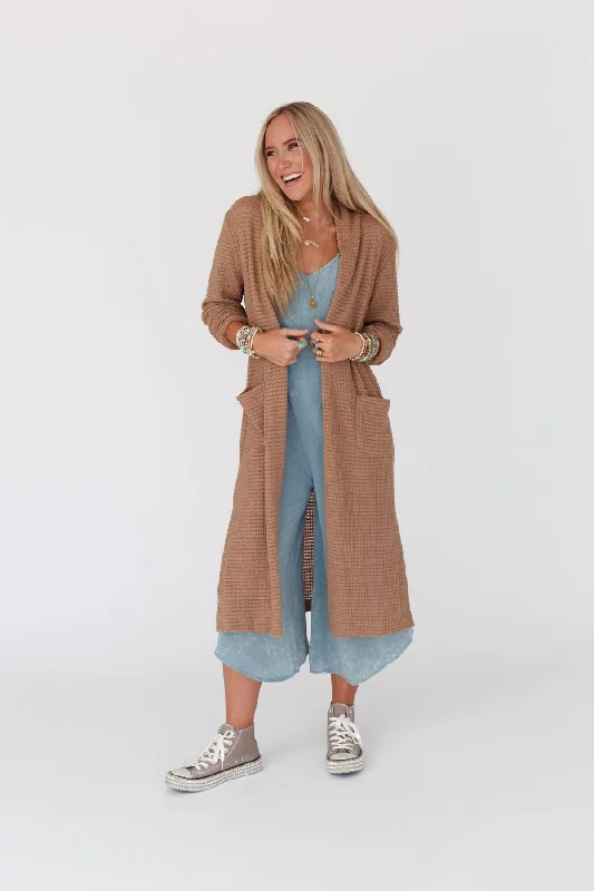 The Nest Jayde Waffle Knit Cardigan - Taupe Cotton Fabric Linen Fabric Terry Fabric