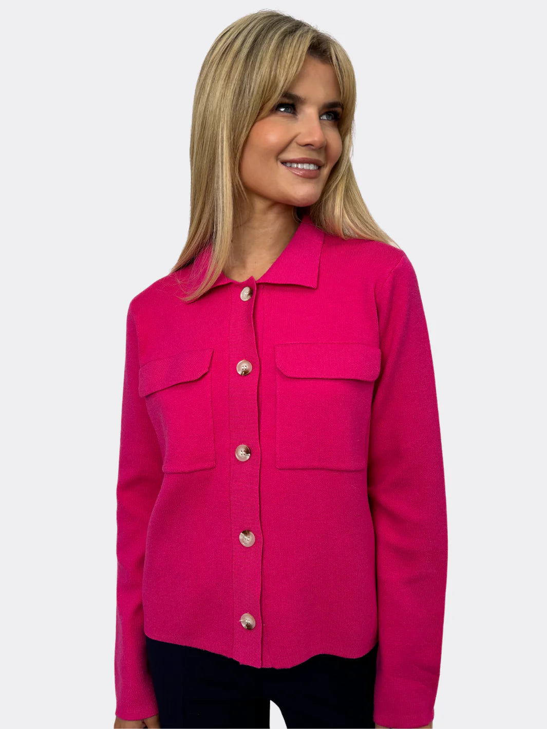 Kate And Pippa Dani Knit Cardigan with collar. Black Pink Navy Collared Crew Neck Turtle Neck