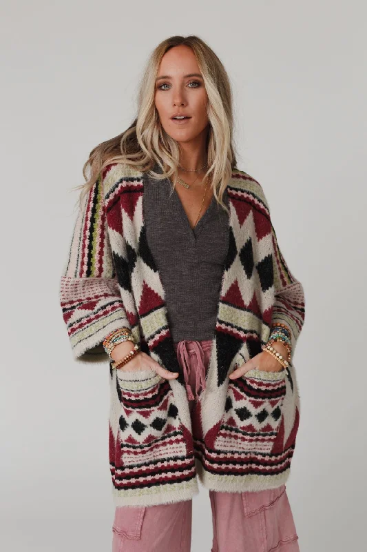 Keep It Up Oversized Cardigan - Berry Houndstooth Herringbone Solid