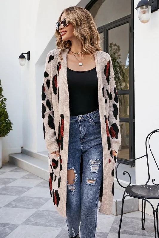 Leopard Open Front Cardigan with Pockets Crew Neck V-Neck Turtle Neck