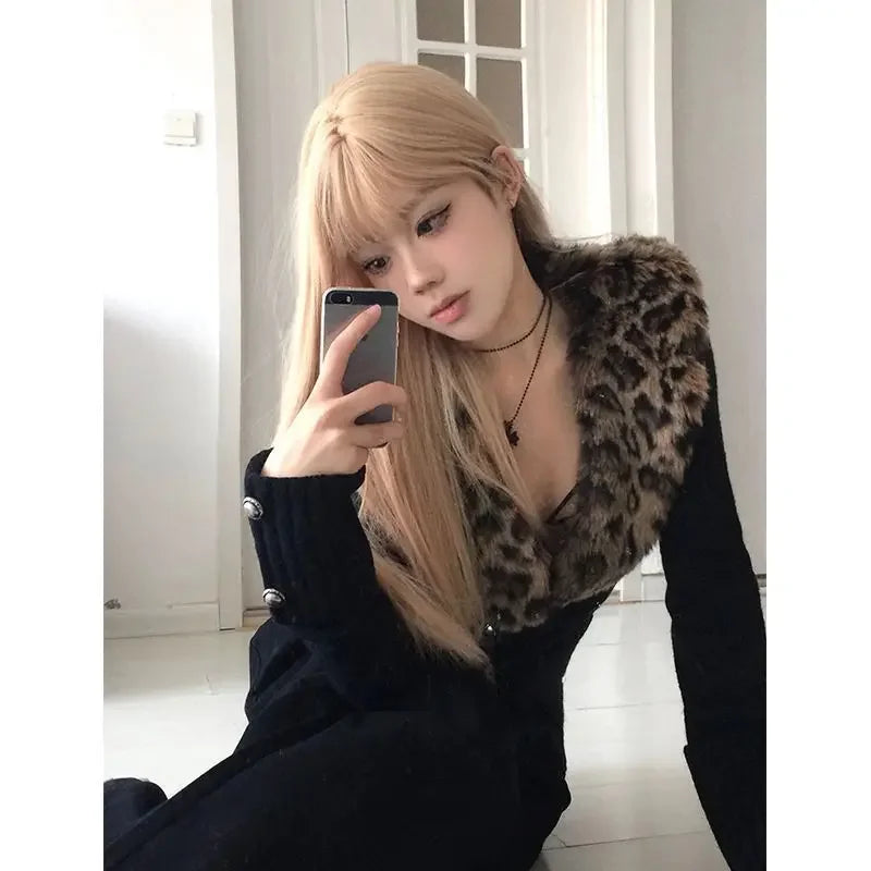 Lunivop Japanese Leopard Knitted Cardigan Sexy Vintage Y2k V-neck Sweaters Long Sleeve Autumn Winter Streetwear Slim Cardigan Neon metallic Matte