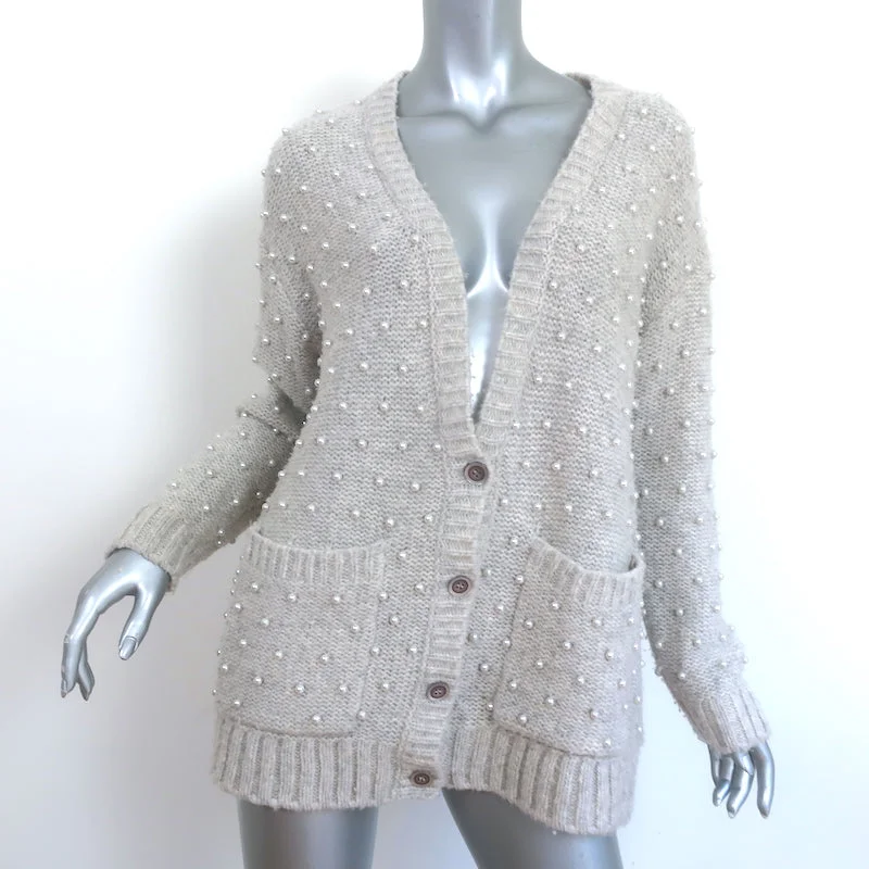 Michelle Mason Faux Pearl-Embellished Cardigan Gray Wool-Blend Size Petite Fitted Slim Tailored