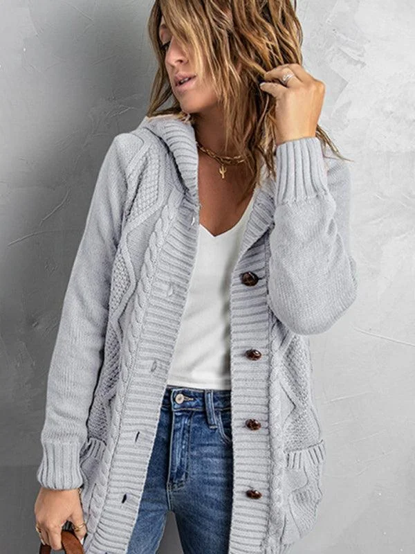 Mid-Length Hooded Cardigan Sweater Zippered Buttoned Snapped