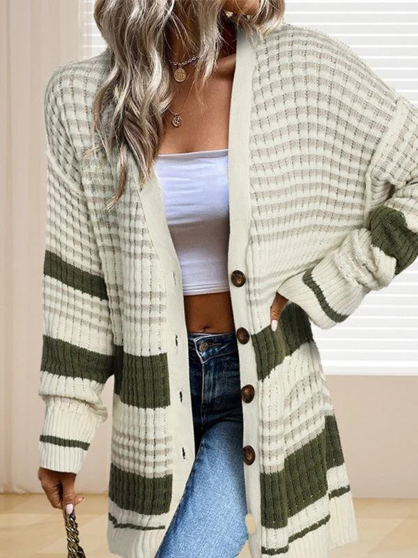 Mid-Length Striped Women Cardigan Sweater Spandex Rayon Corduroy