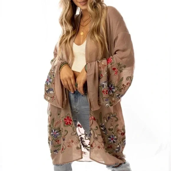 Mocha Longline Floral Embroidered Kimono Open Wrap Cardigan Top One Size Button Cardigan Zip Cardigan Pullover Cardigan