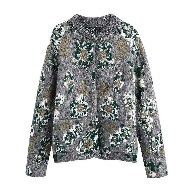 New Vintage flower jacquard knitted cardigan coat sweater  7495 Lightweight Heavyweight Midweight