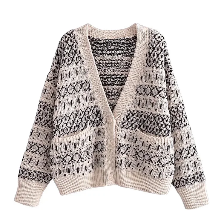 Retro lazy jacquard knitted cardigan coat sweater  7463 Boxy Cardigan Fitted Cardigan A-Line