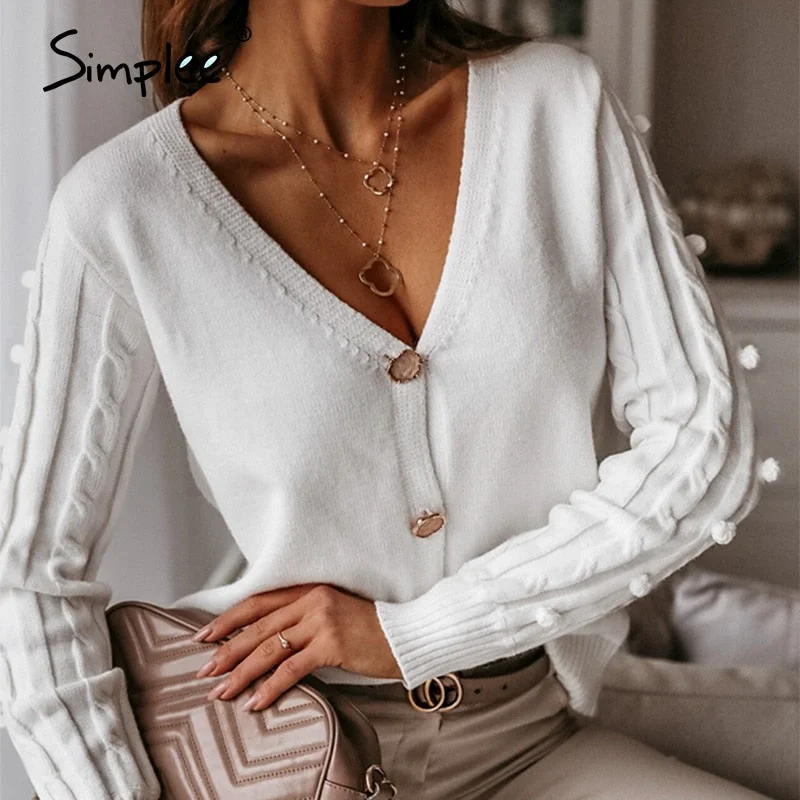 Simplee Sexy v-neck knitted women cardigan Casual solid white long sleeve sweater cardigan Elegant autumn ladies sweater tops Knit Fabric Woven Fabric Fleece Fabric