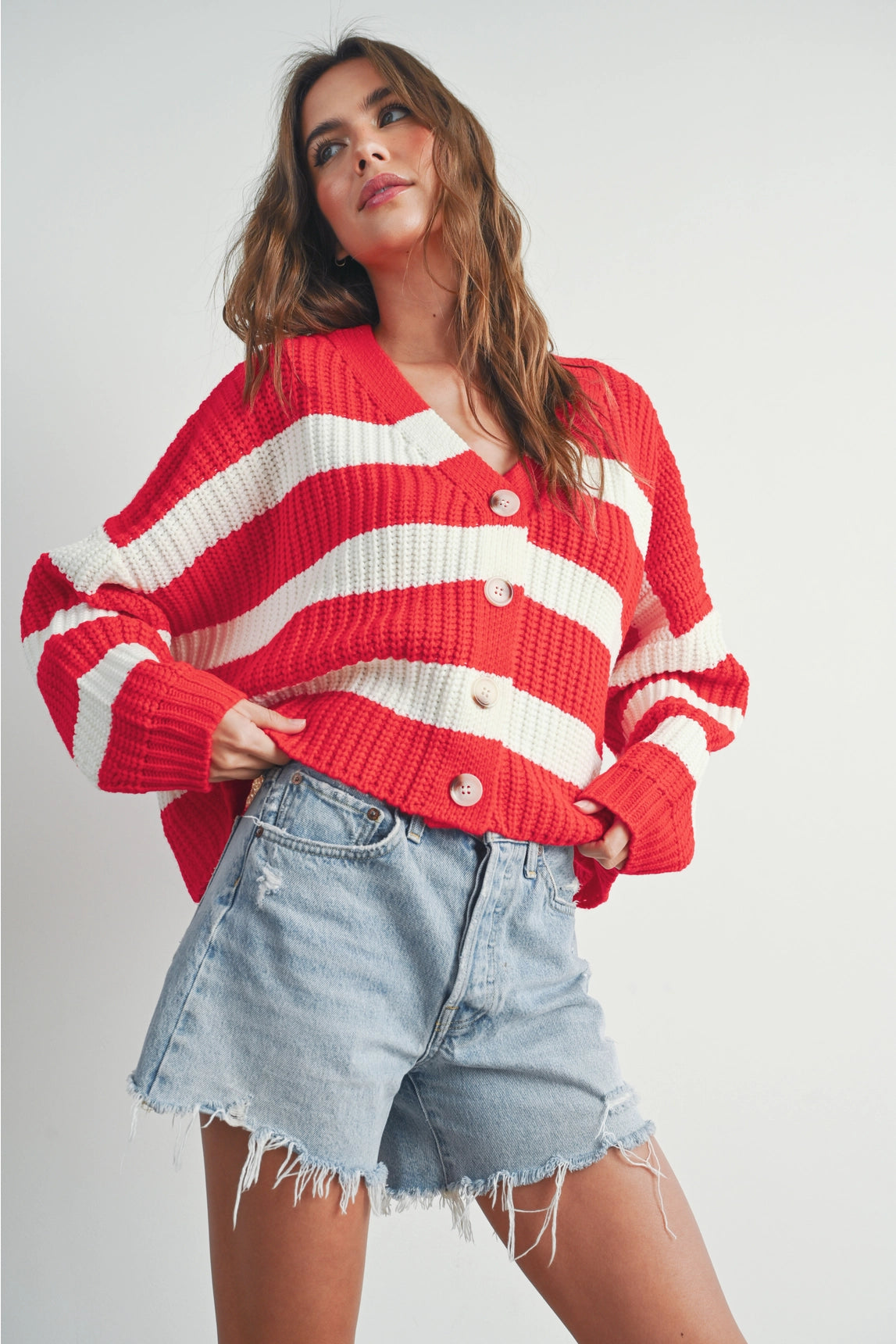 Striped V-Neck Cardigan Spandex Rayon Corduroy