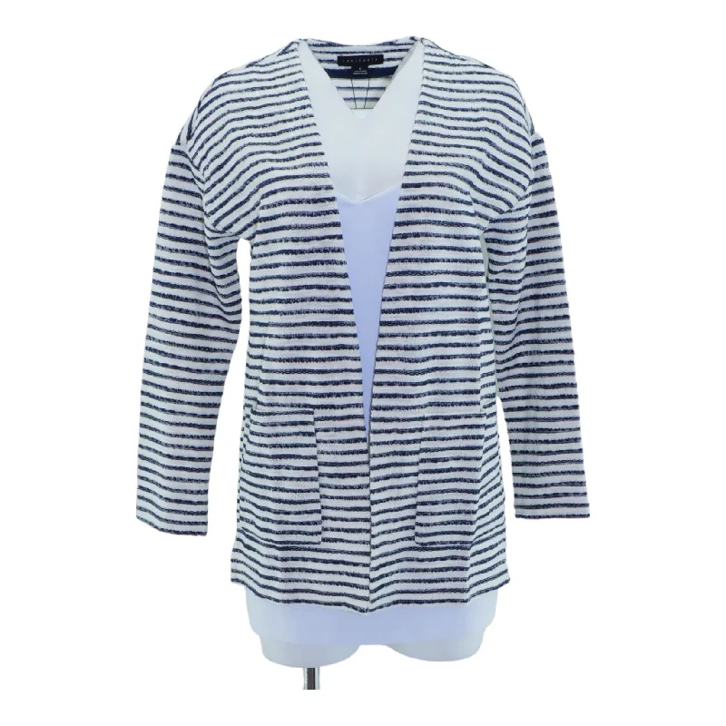 White Striped Cardigan Sweater Asymmetrical,ymmetric Pencil Cardigan