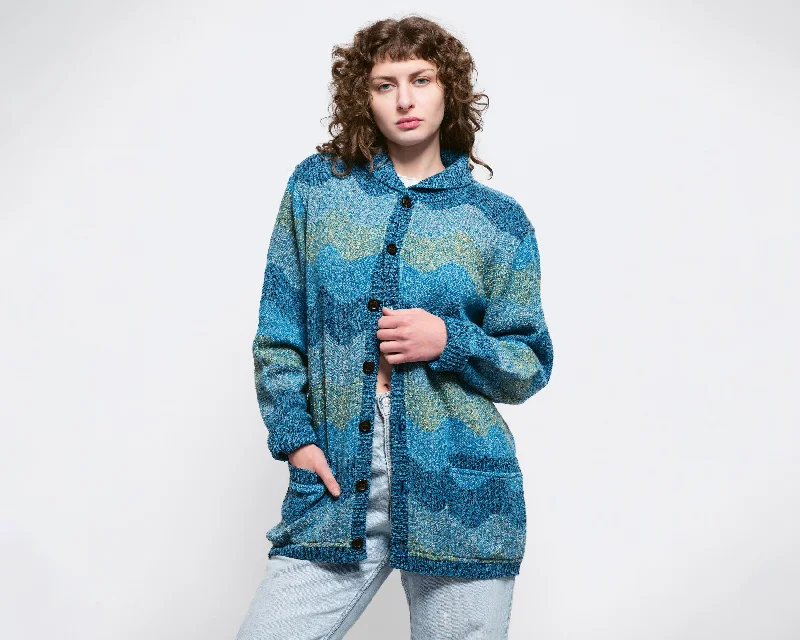 XL 80s Missoni Uomo Blue Wavy Striped Knit Cardigan Handmade Hand-knitted Hand-woven