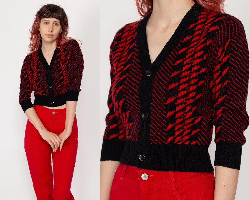 XXS 90s Red & Black Cropped Knit Cardigan Striped Floral Plaid